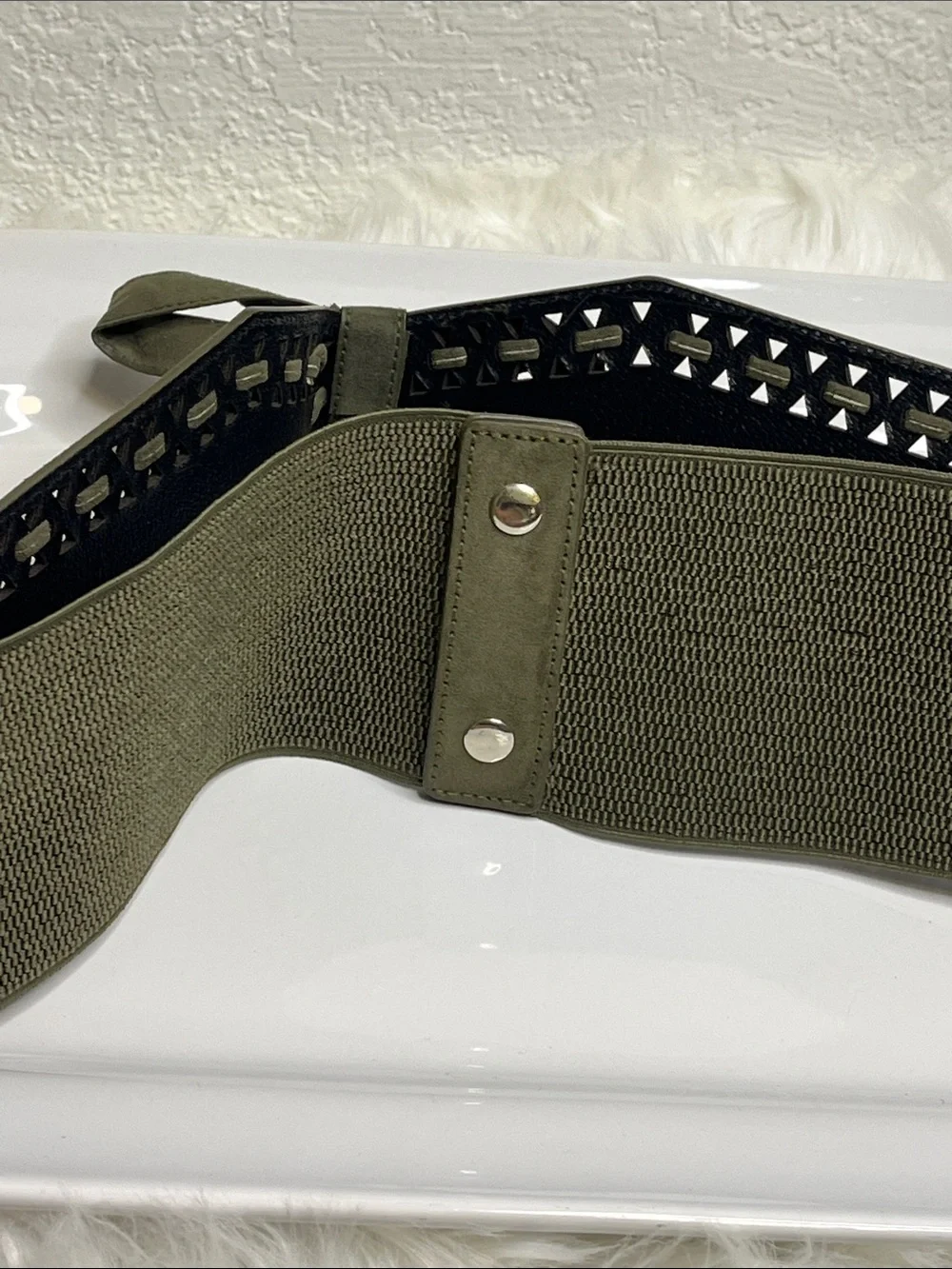Charlotte Russe NWT Olive Suede Bow Waist Belt with Laser-Cut Trim